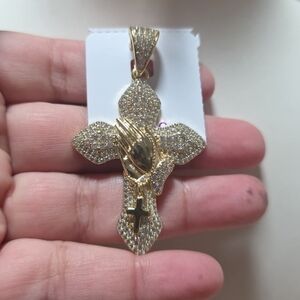 Gold Cross Pendant with Praying Hands